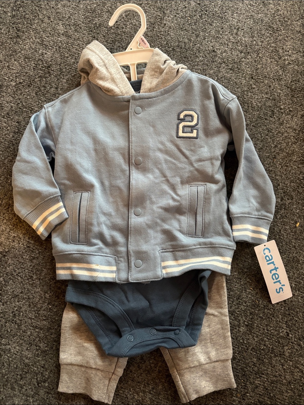 NEW! Carter's Light Blue Hooded Jacket Set with Navy Bodysuit & Grey Sweatpants